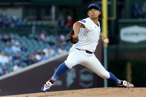 Chicago Cubs starting pitcher Shota Imanaga (18) delivers to the Pittsburgh Pirates in the first inning of a game at Wrigley Field in Chicago on Sept. 4, 2024. (Chris Sweda/Chicago Tribune)