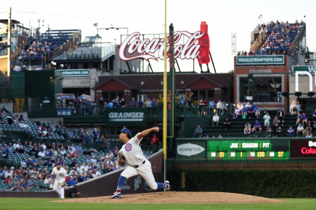 Chicago Cubs pitcher Shota Imanaga (18) delivers to the Pittsburgh Pirates in the second inning of a game at Wrigley Field in Chicago on Sept. 4, 2024. (Chris Sweda/Chicago Tribune)