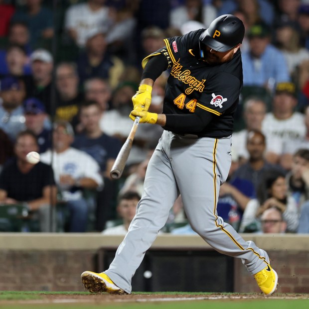 Pittsburgh Pirates first baseman Rowdy Tellez (44) drives in a run on a single in the third inning of a game against the Chicago Cubs at Wrigley Field in Chicago on Sept. 3, 2024. (Chris Sweda/Chicago Tribune)