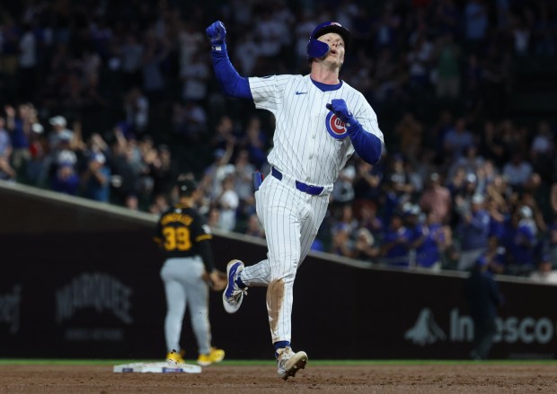 Chicago Cubs center fielder Pete Crow-Armstrong celebrates as he rounds the bases after hitting a solo home run in the third inning of a game against the Pittsburgh Pirates at Wrigley Field in Chicago on Sept. 4, 2024. (Chris Sweda/Chicago Tribune)