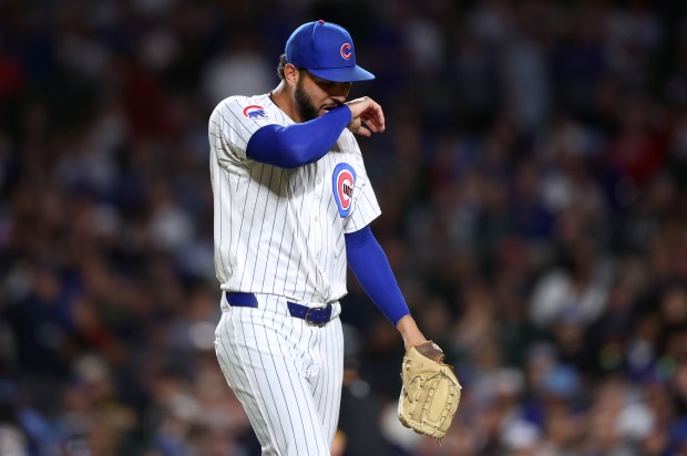 Chicago Cubs relief pitcher Tyson Miller walks to the dugout after finishing up against the Pittsburgh Pirates in the seventh inning of a game at Wrigley Field in Chicago on Sept. 3, 2024. Miller gave up a 3-run home run to Pirates third baseman Jared Triolo in the inning. (Chris Sweda/Chicago Tribune)