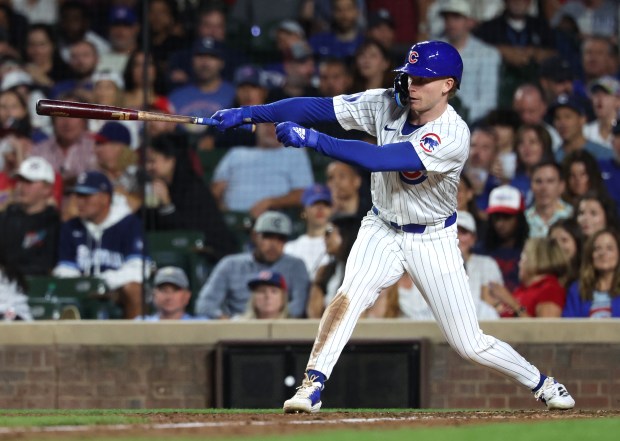 Chicago Cubs center fielder Pete Crow-Armstrong (52) drives in a run on a single in the fifth inning of a game against the Pittsburgh Pirates at Wrigley Field in Chicago on Sept. 4, 2024. (Chris Sweda/Chicago Tribune)