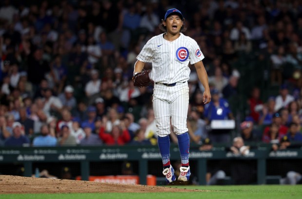 Cubs starting pitcher Shota Imanaga reacts after striking out the last batter of the seventh inning against the Pirates on Sept. 4, 2024, at Wrigley Field. (Chris Sweda/Chicago Tribune)