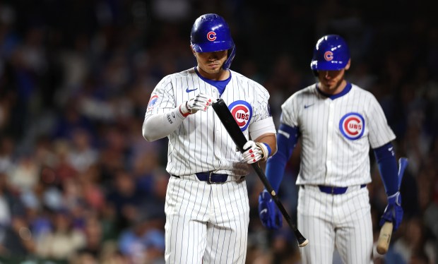 Chicago Cubs designated hitter Seiya Suzuki (27) walks to the dugout after striking out in the seventh inning of a game against the Pittsburgh Pirates at Wrigley Field in Chicago on Sept. 3, 2024. (Chris Sweda/Chicago Tribune)