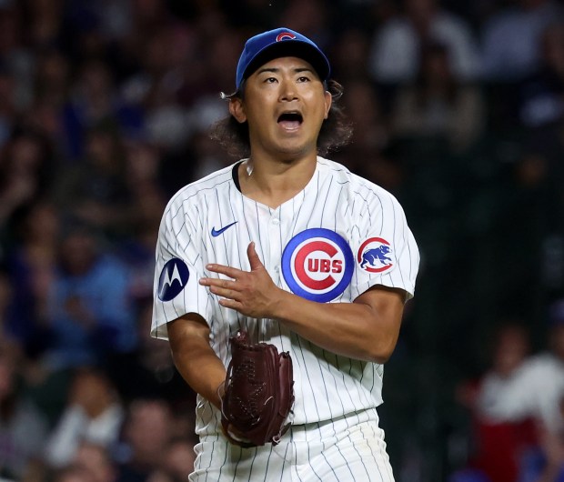 Chicago Cubs starting pitcher Shota Imanaga reacts after striking out the last batter of the seventh inning during a game against the Pittsburgh Pirates at Wrigley Field in Chicago on Sept. 4, 2024. (Chris Sweda/Chicago Tribune)