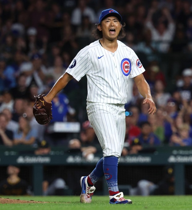 Chicago Cubs starting pitcher Shota Imanaga reacts after striking out the last batter of the seventh inning during a game against the Pittsburgh Pirates at Wrigley Field in Chicago on Sept. 4, 2024. (Chris Sweda/Chicago Tribune)