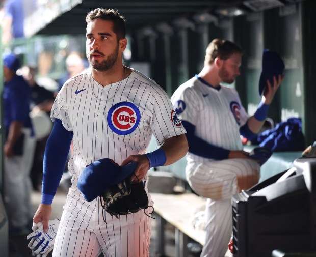 Chicago Cubs pinch hitter Mike Tauchman walks through the dugout to the locker room after making the final out in the ninth inning of a 5-0 loss to the Pittsburgh Pirates at Wrigley Field in Chicago on Sept. 3, 2024. (Chris Sweda/Chicago Tribune)