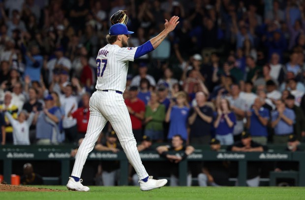 Chicago Cubs pitcher Porter Hodge (37) reacts after closing out the Pittsburgh Pirates in the ninth inning of a game at Wrigley Field in Chicago on Sept. 4, 2024. Hodge, Nate Pearson, and starter Shota Imanaga combined to no-hit the Pirates. (Chris Sweda/Chicago Tribune)