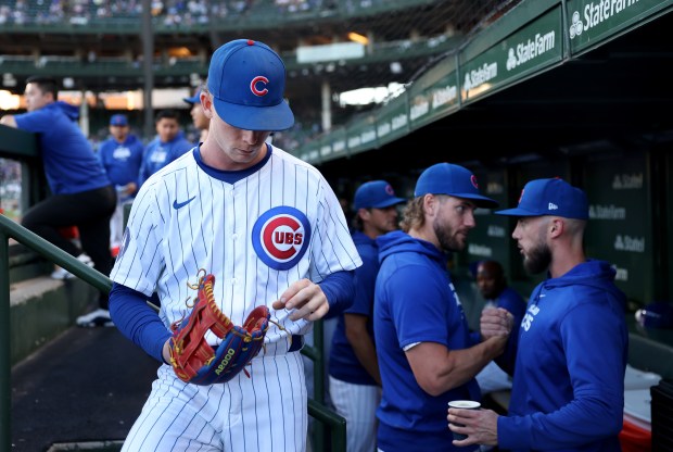 Chicago Cubs center fielder Pete Crow-Armstrong prepares to take the field before a game against the Pittsburgh Pirates at Wrigley Field in Chicago on Sept. 3, 2024. (Chris Sweda/Chicago Tribune)