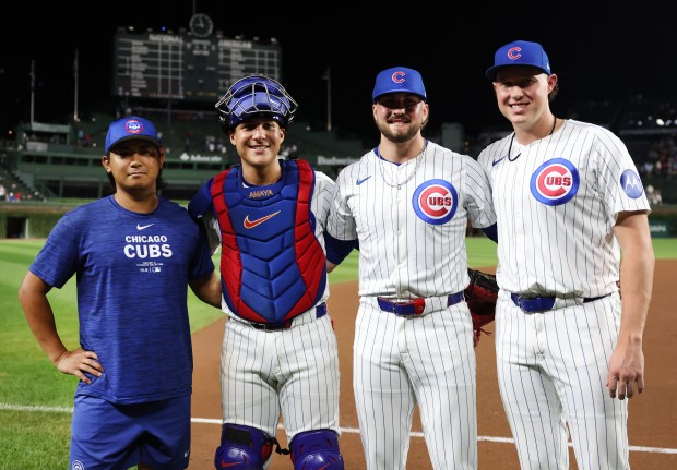 Portrait of L to R: Chicago Cubs pitcher Shota Imanaga, catcher Miguel Amaya, Chicago Cubs pitcher Porter Hodge, and pitcher Nate Pearson, after the group combined to no-hit the Pittsburgh Pirates at Wrigley Field in Chicago on Sept. 4, 2024. (Chris Sweda/Chicago Tribune)