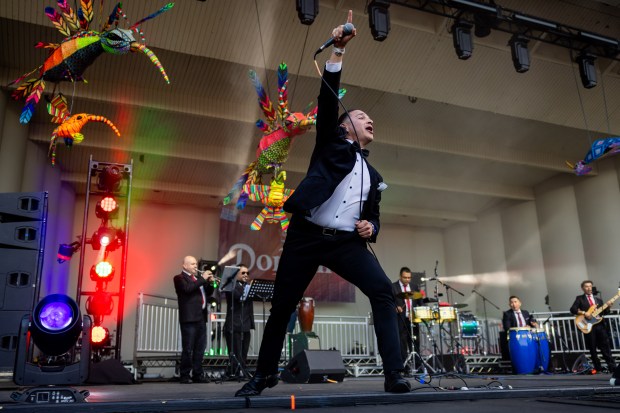 Sonora Santanera performs on the main stage at El Grito Chicago, a two-day festival in celebration of Mexican Independence Day, at Grant Park's Butler Field in Chicago on Sept. 14, 2024. (Tess Crowley/Chicago Tribune)