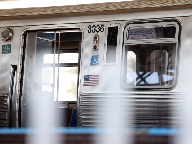 Parked CTA trains at the Forest Park CTA Blue Line Station in Forest Park on Sept. 3, 2024, following an early morning mass shooting that claimed the lives of four people. (Antonio Perez/Chicago Tribune)