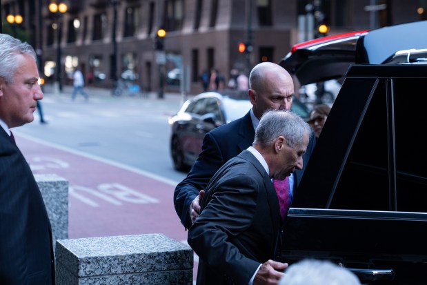 Former AT&T Illinois president Paul La Schiazza leaves Dirksen U.S. Courthouse after the first day of jury deliberation in his case of conspiring to bribe former Illinois House Speaker Michael Madigan, Sept. 17, 2024. (E. Jason Wambsgans/Chicago Tribune)