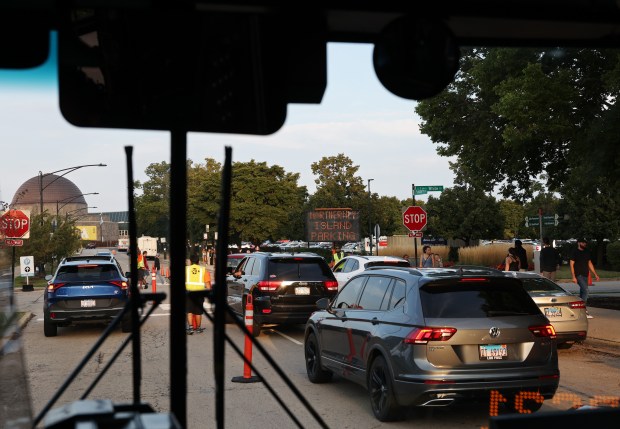 Traffic is backed up on East Solidarity Drive before a concert at Huntington Bank Pavilion at Northerly Island on Aug. 28, 2024. (John J. Kim/Chicago Tribune)