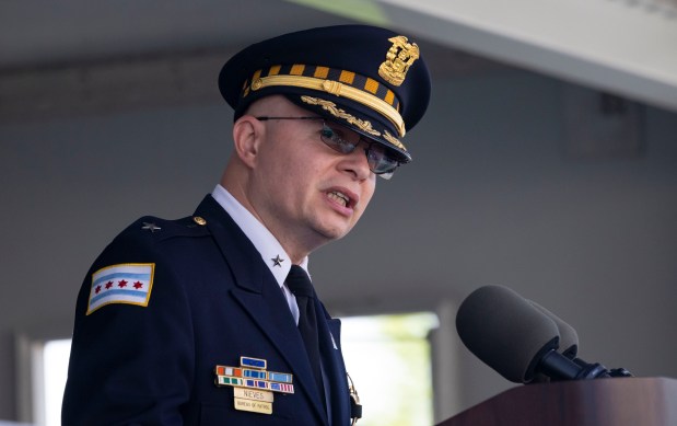 Chicago Police Department Deputy Chief Roberto Nieves speaks during the St. Jude Police Memorial March on May 7, 2023, at Gold Star Families Memorial and Park on the Museum Campus. (Brian Cassella/Chicago Tribune)