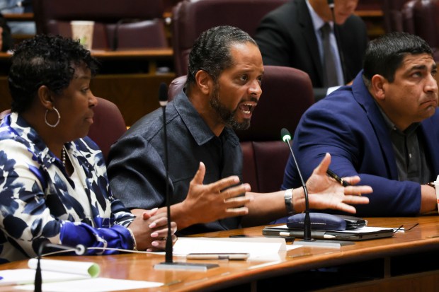 Ald. Anthony Beale, 9th, speaks in support of ShotSpotter during a Public Safety Committee meeting at City Hall on Monday, Sept. 9, 2024. (Eileen T. Meslar/Chicago Tribune)