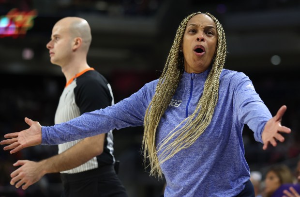 Sky coach Teresa Weatherspoon reacts to a calll from the referees in the second half against the Fever at Wintrust Arena on Aug. 30, 2024. (Chris Sweda/Chicago Tribune)