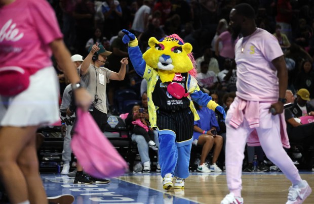 Skye the Lioness walks on the floor during a game between the Sky and Fever at Wintrust Arena on Aug. 30, 2024. (Chris Sweda/Chicago Tribune)