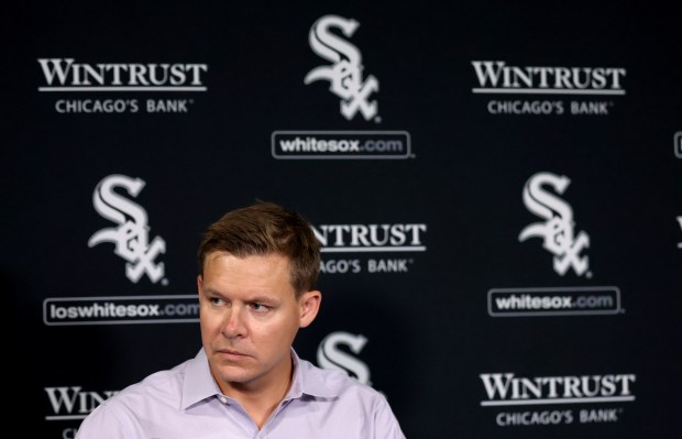 Chicago White Sox general manager Chris Getz speaks before a game of a game between the Sox and the Los Angels Angels at Guaranteed Rate Field in Chicago on Sept. 24, 2024. (Chris Sweda/Chicago Tribune)