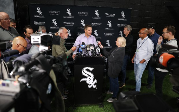 White Sox general manager Chris Getz speaks before a game against the Angels at Guaranteed Rate Field on Sept. 24, 2024. (Chris Sweda/Chicago Tribune)