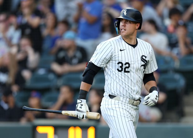 Chicago White Sox designated hitter Gavin Sheets (32) walks to the dugout after striking out to end the first inning of a game against the New York Mets at Guaranteed Rate Field in Chicago on Aug. 31, 2024. (Chris Sweda/Chicago Tribune)