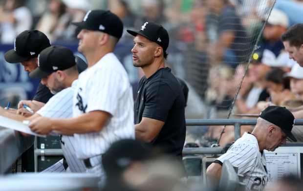 Chicago White Sox interim manager Grady Sizemore looks out not the field in the first inning of a game against the New York Mets at Guaranteed Rate Field in Chicago on Aug. 31, 2024. (Chris Sweda/Chicago Tribune)