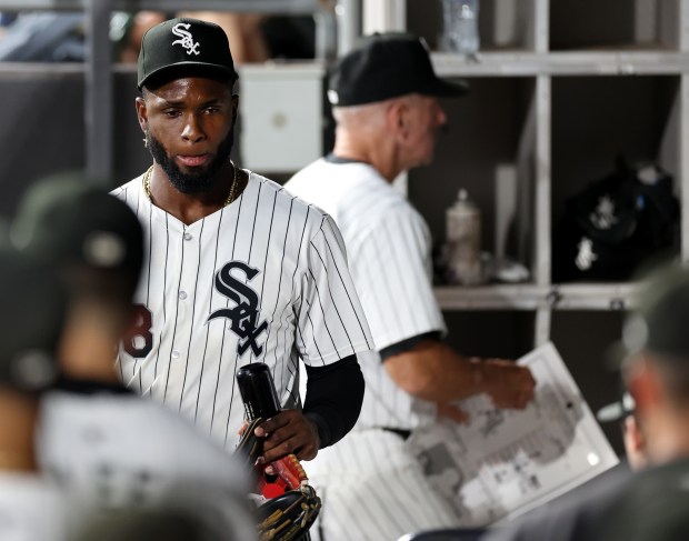 Chicago White Sox center fielder Luis Robert Jr. (88) walks through the dugout after a loss to the New York Mets at Guaranteed Rate Field in Chicago on Aug. 31, 2024. (Chris Sweda/Chicago Tribune)