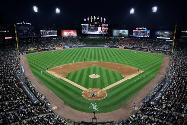 Chicago White Sox relief pitcher Gus Varland delivers to New York Mets first baseman Pete Alonso in the sixth inning of a game at Guaranteed Rate Field in Chicago on Aug. 31, 2024. (Chris Sweda/Chicago Tribune)