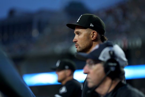 Chicago White Sox interim manager Grady Sizemore looks out onto the field in the third inning of a game against the Detroit Tigers at Comerica Park in Detroit on Sept. 27, 2024. (Chris Sweda/Chicago Tribune)