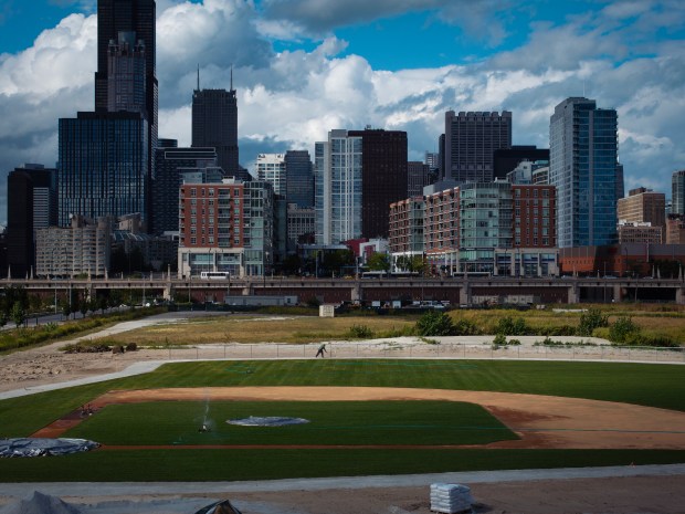 A goundskeeper tends to a baseball field on the 78, where a new White Sox stadium has been proposed, Friday, Sep. 6, 2024. (E. Jason Wambsgans/Chicago Tribune)