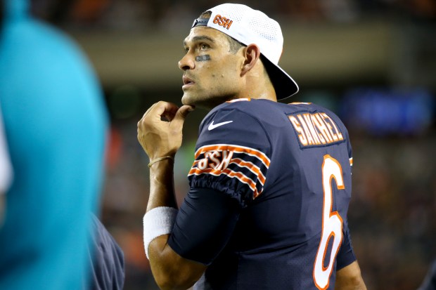 Bears quarterback Mark Sanchez looks up from the sidelines during the first half against the Broncos at Solider Field on Aug. 10, 2017. (Armando L. Sanchez/Chicago Tribune)