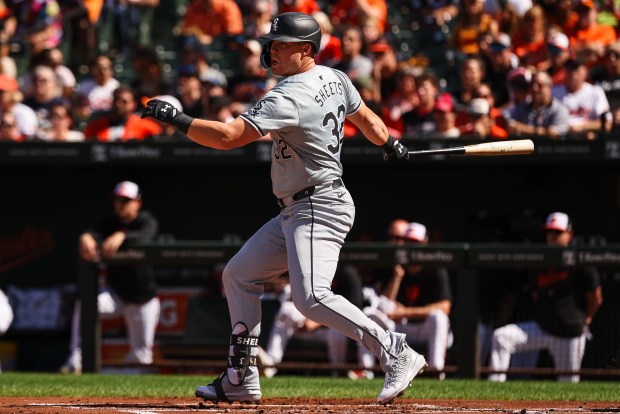 White Sox's Gavin Sheets singles to score Corey Julks during the first inning against the Orioles at Oriole Park at Camden Yards on Sept. 2, 2024. (Photo by Scott Taetsch/Getty Images)