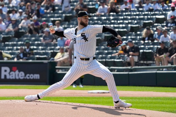 White Sox starting pitcher Sean Burke throws against the Athletics during the first inning on Sept. 15, 2024. (AP Photo/Nam Y. Huh)