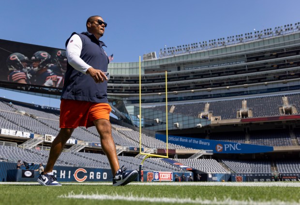 Bears general manager Ryan Poles walks the field before the game against the Packers on Sept. 10, 2023, at Soldier Field. (Brian Cassella/Chicago Tribune)