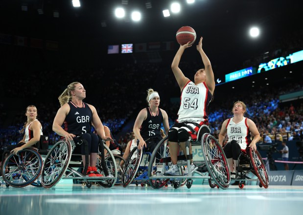 Ixhelt González shoots over Britain's Sophie Carrigill at the Paralympics on Sept. 4, 2024, in Paris. (Steph Chambers/Getty Images)