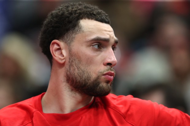 Bulls guard Zach LaVine sits on the bench in the third quarter against the Hornets at United Center on April 8, 2022. (John J. Kim/Chicago Tribune)