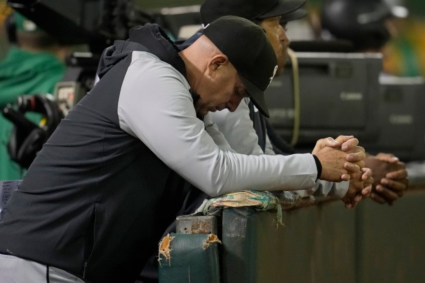 Chicago White Sox manager Pedro Grifol reacts during the ninth inning of the team's baseball game against the Oakland Athletics in Oakland, California, Aug. 5, 2024. (Jeff Chiu/AP)