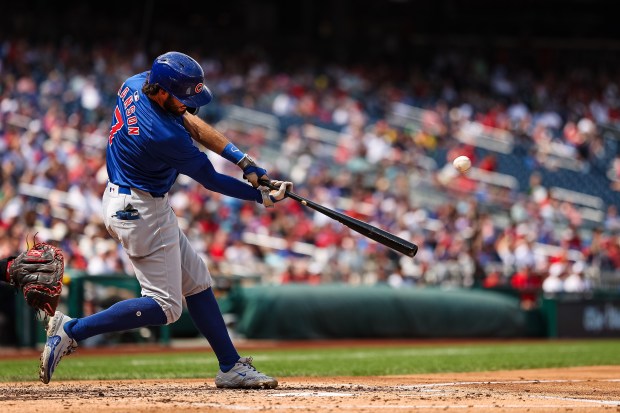 Dansby Swanson #7 of the Chicago Cubs doubles against the Washington Nationals during the third inning at Nationals Park on Sept. 1, 2024 in Washington, DC. (Photo by Scott Taetsch/Getty Images)