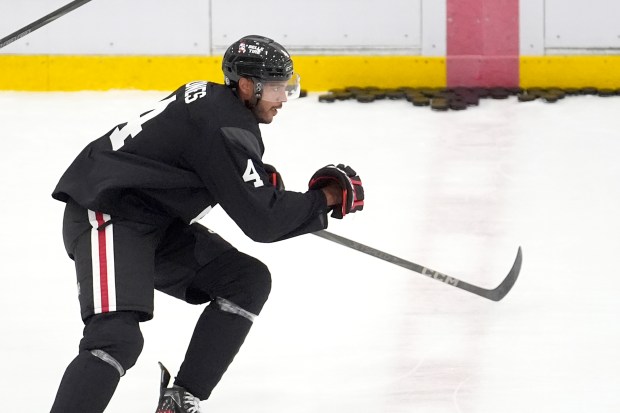 Chicago Blackhawks defenseman Seth Jones participates in the team's NHL hockey camp Thursday, Sept. 19, 2024, in Chicago. (AP Photo/Charles Rex Arbogast)