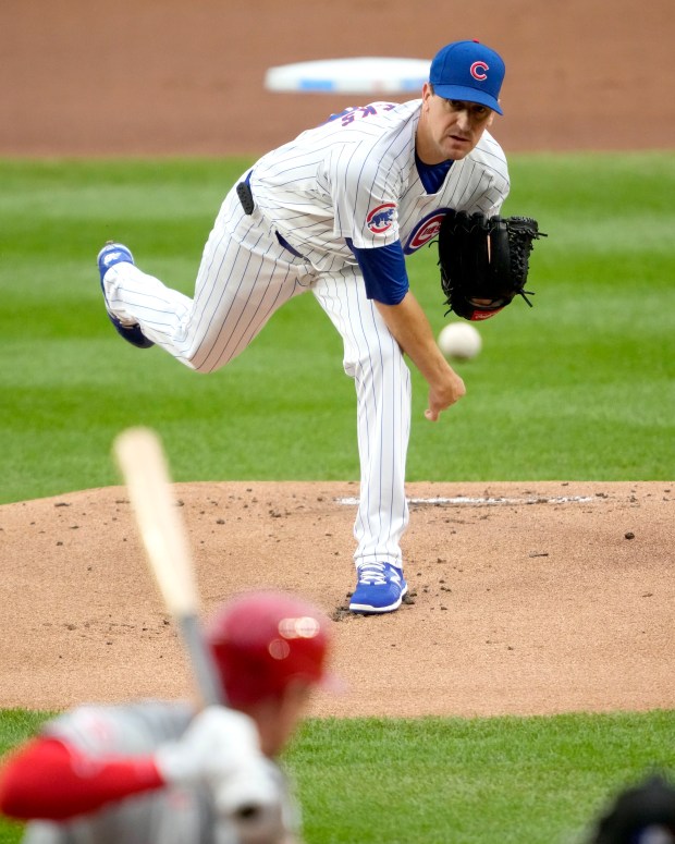 Cubs starting pitcher Kyle Hendricks delivers during the first inning against the Reds on Sept. 28, 2024, at Wrigley Field. (Charles Rex Arbogast/AP)