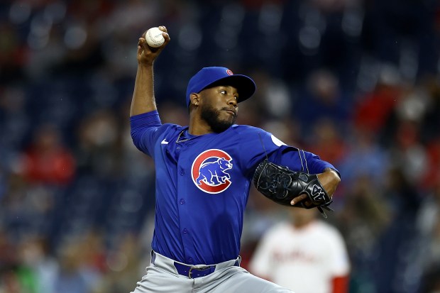 Cubs reliever Enoli Paredes delives during the ninth inning against the Phillies on Sept. 24, 2024, at Citizens Bank Park in Philadelphia. Paredes made his Cubs debut in the win. (Tim Nwachukwu/Getty)