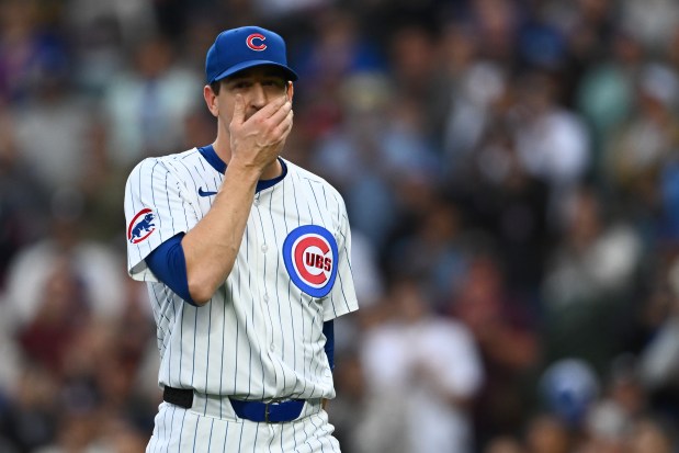 Cubs starter Kyle Hendricks walks toward the dugout after being pulled in the top of the eighth inning against the Reds on Sept. 28, 2024, at Wrigley Field. (Quinn Harris/Getty)