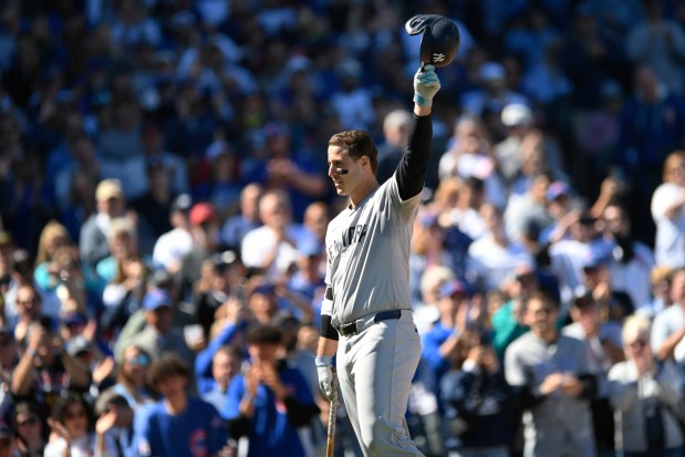 Yankees first baseman Anthony Rizzo receives a standing ovation while coming up to bat during the second inning against the Cubs on Sept. 7, 2024, at Wrigley Field. (Paul Beaty/AP)