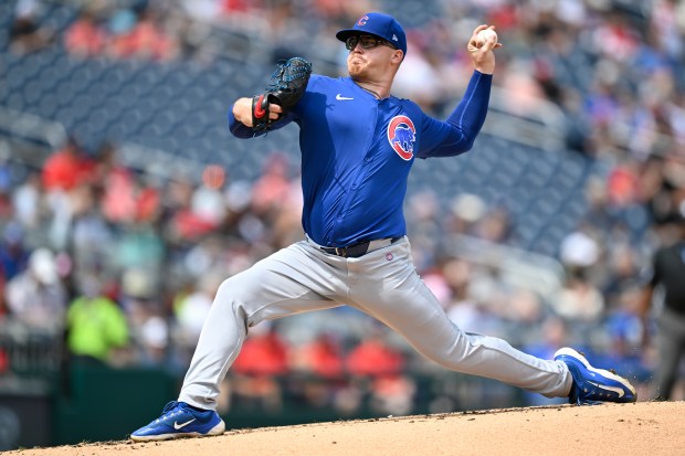 Chicago Cubs starting pitcher Jordan Wicks throws during the first inning of a baseball game against the Washington Nationals, Sunday, Sept. 1, 2024, in Washington. (AP Photo/John McDonnell)