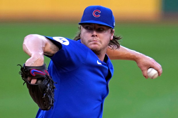 Chicago Cubs starting pitcher Justin Steele delivers during the first inning of a baseball game against the Pittsburgh Pirates in Pittsburgh, Tuesday, Aug. 27, 2024. (AP Photo/Gene J. Puskar)