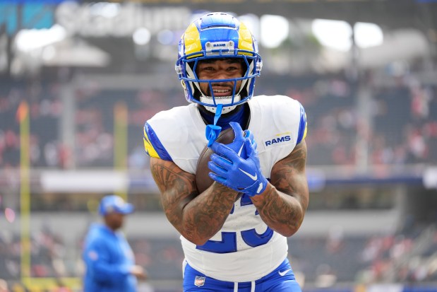 Rams running back Kyren Williams warms up before a game against the 49ers on Sept. 23, 2024, in Inglewood, Calif. (Ashley Landis/AP)