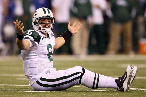 Jets quarterback Mark Sanchez reacts in the third quarter against the Colts during the AFC championship game on Jan. 24, 2010, at Lucas Oil Stadium in Indianapolis. (Elsa/Getty)