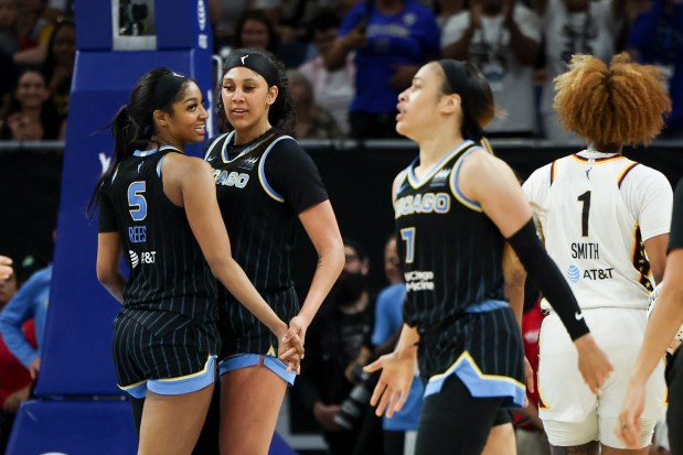 Sky forward Angel Reese (5) and center Kamilla Cardoso celebrate a foul called on the Fever on June 23, 2024, at Wintrust Arena. (Eileen T. Meslar/Chicago Tribune)