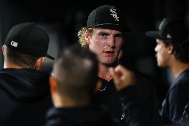 White Sox starter Jonathan Cannon celebrates with teammates in the dugout after the sixth inning against the Orioles Sept. 4, 2024, in Baltimore. (Scott Taetsch/Getty)