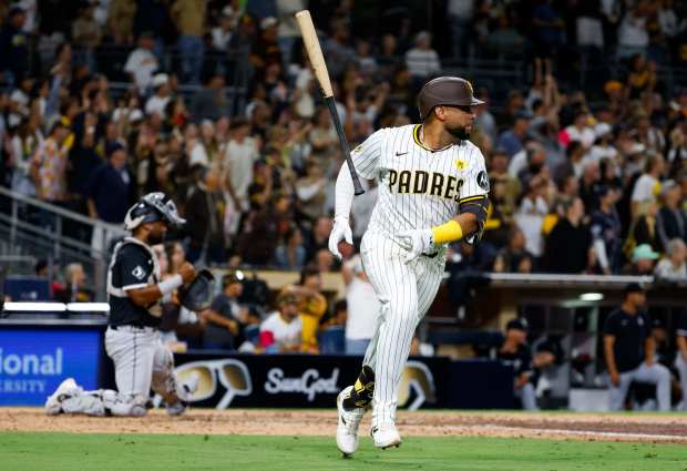 Padres catcher Elias Diaz tosses his bat after hitting a home run against the White Sox in the eighth inning on Sept. 21, 2024, in San Diego. (Meg McLaughlin/San Diego Union-Tribune)